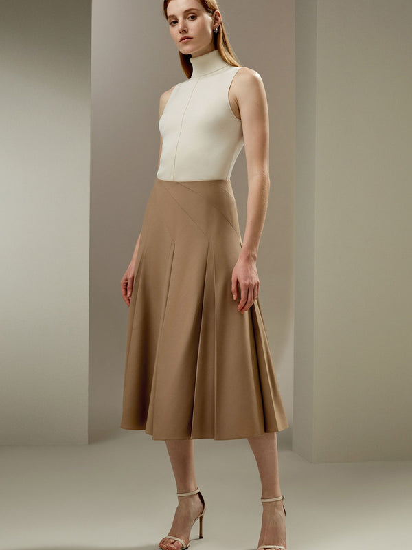 Camel Seamed A-Line Midi Skirt