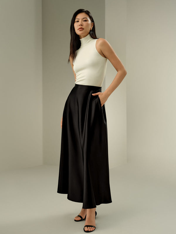 Black Satin A-Line Maxi Skirt