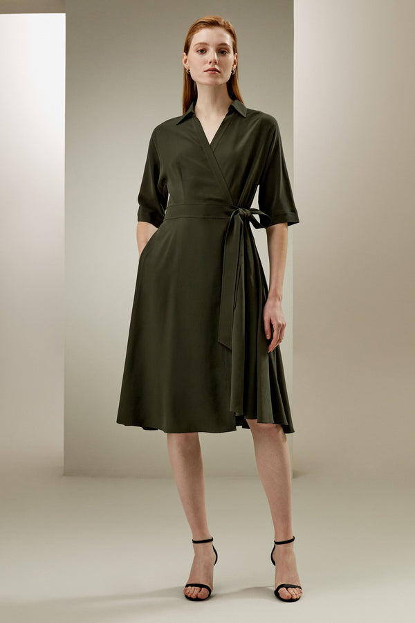 Olive Wrap Shirt Dress - front