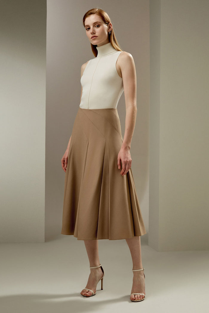 Camel Seamed A-Line Midi Skirt - front