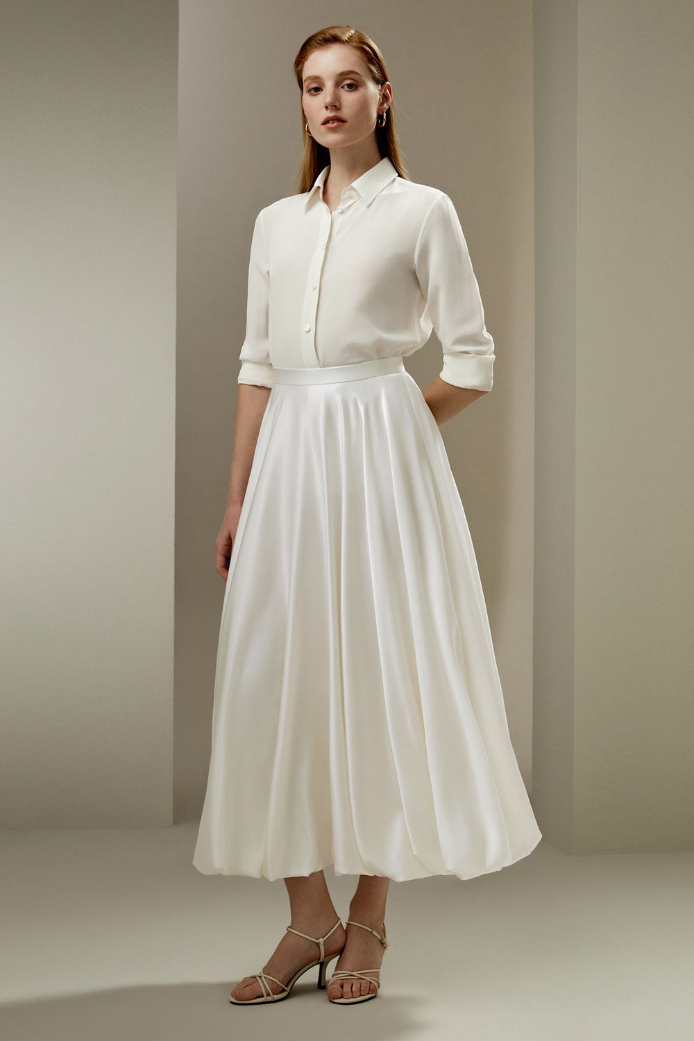 Ivory Satin Bubble-Hem Skirt - front