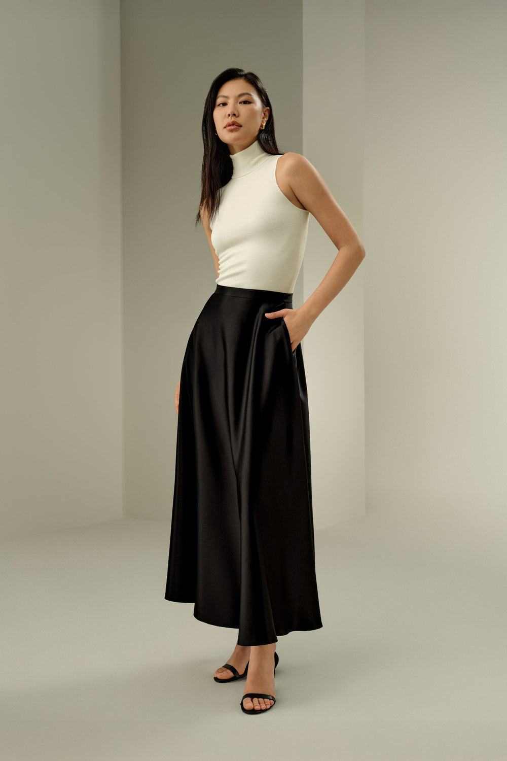 Black Satin A-Line Maxi Skirt - front