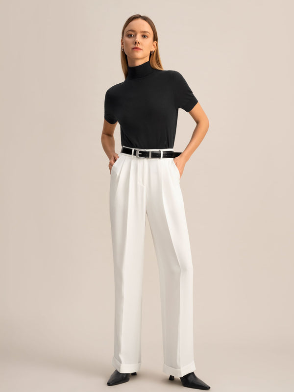 Ivory Pleated Wide-Leg Trousers