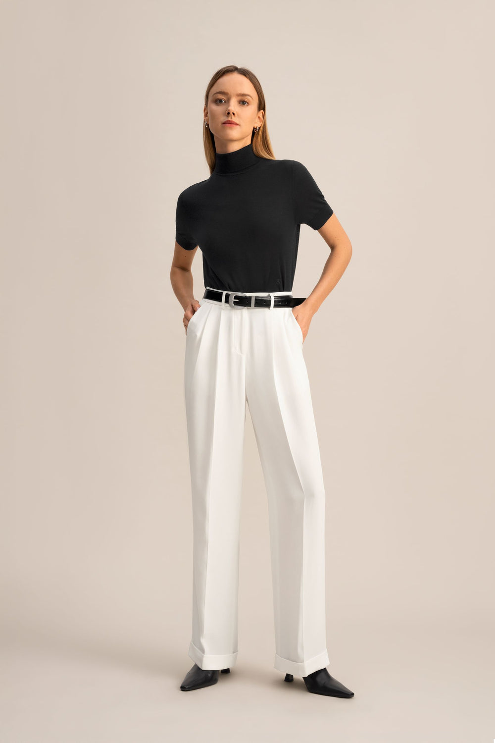 Ivory Pleated Wide-Leg Trousers - front