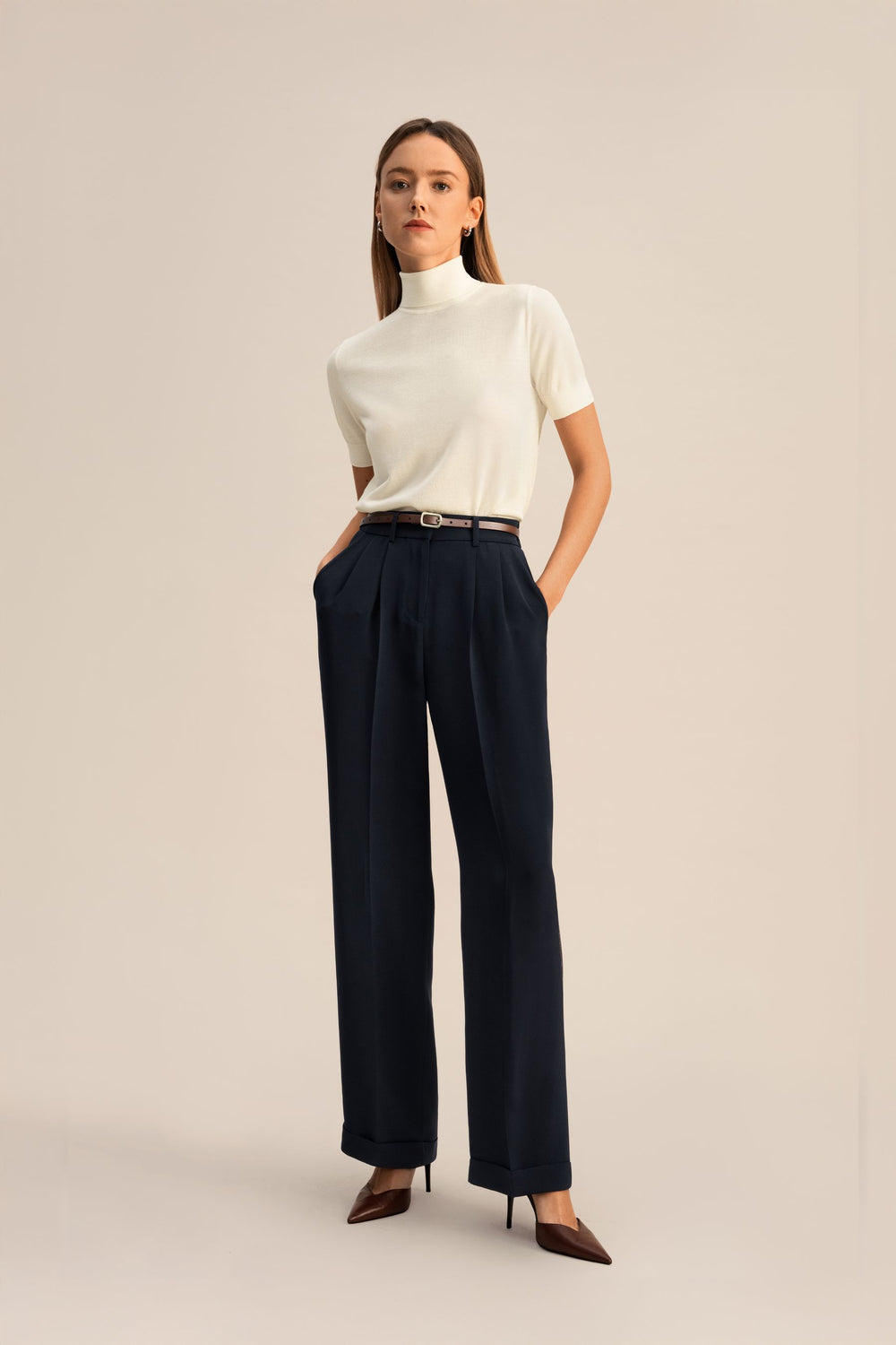 Navy Pleated Cuffed Trousers - front