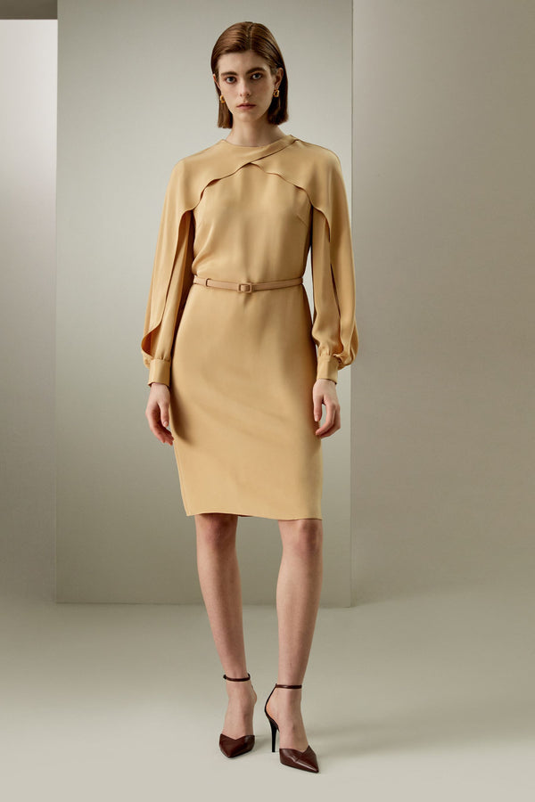 Camel Cape-Sleeve Belted Dress - front