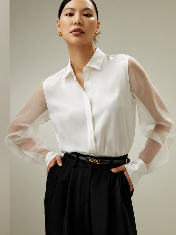 Sheer-Sleeve Satin Shirt