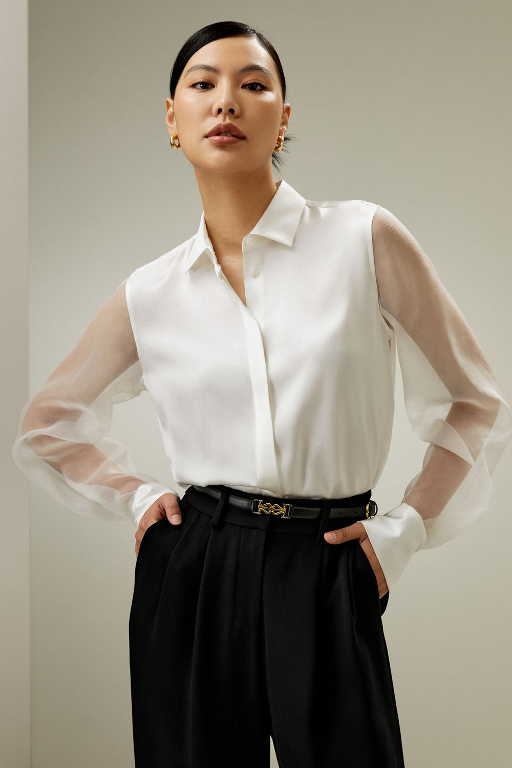 Sheer-Sleeve Satin Shirt - front
