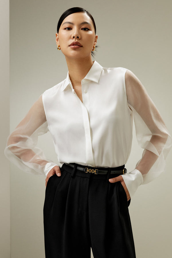 Sheer-Sleeve Satin Shirt - front