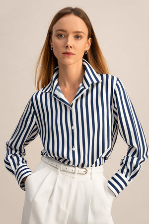 Navy Stripe Silk Shirt - front