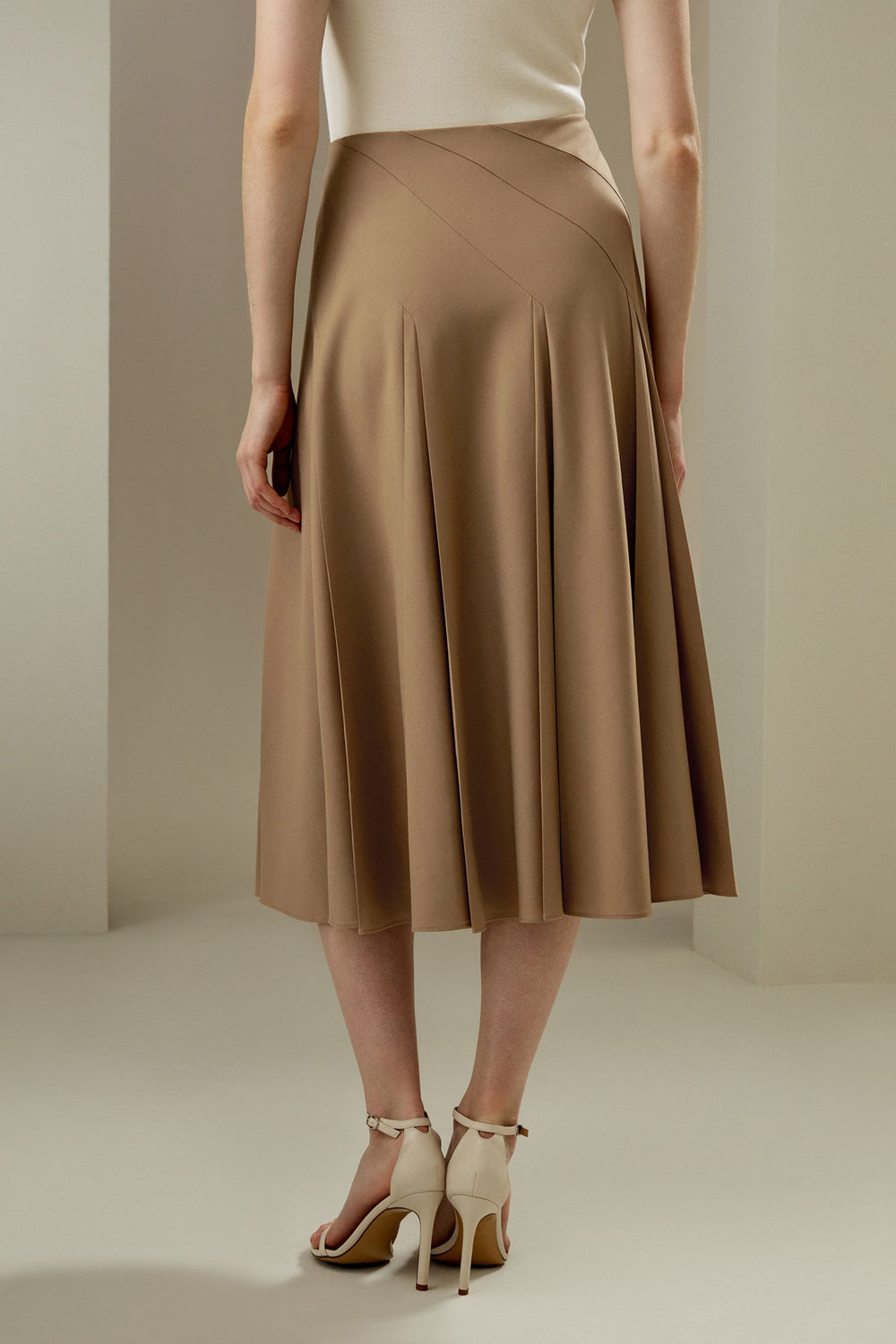 Camel Seamed A-Line Midi Skirt - front
