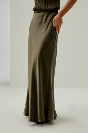 Olive Satin Bias Maxi Skirt - front