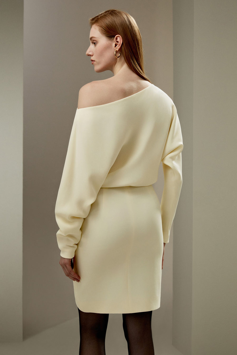 Cream One-Shoulder Draped Dress - front