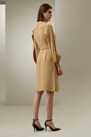 Camel Cape-Sleeve Belted Dress - back