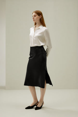 Ivory Silk Satin Shirt - styled with a black midi skirt
