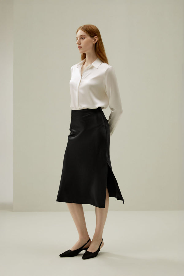 Ivory Silk Satin Shirt - styled with a black midi skirt