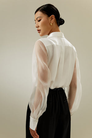 Sheer-Sleeve Satin Shirt - back