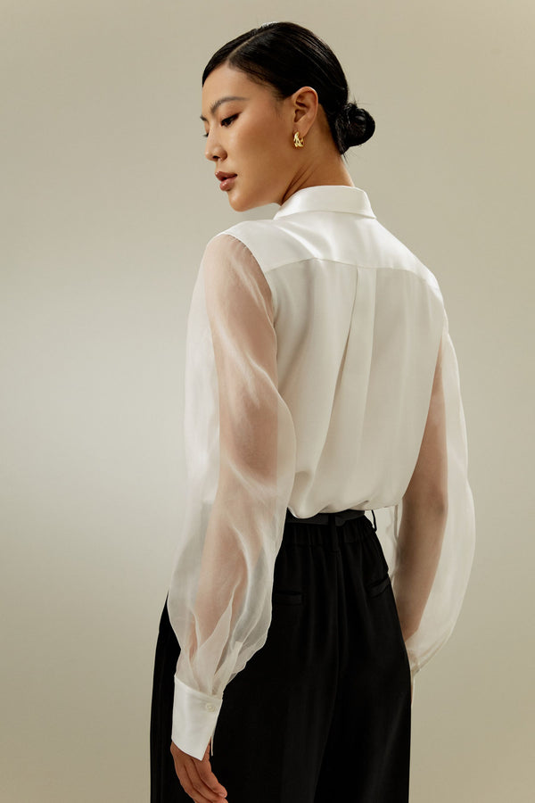Sheer-Sleeve Satin Shirt - back