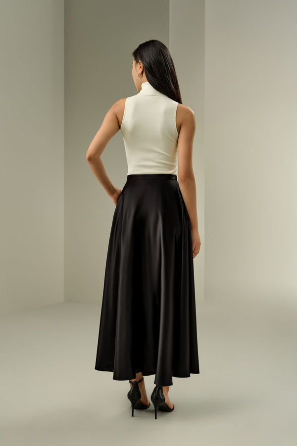 Black Satin A-Line Maxi Skirt - back