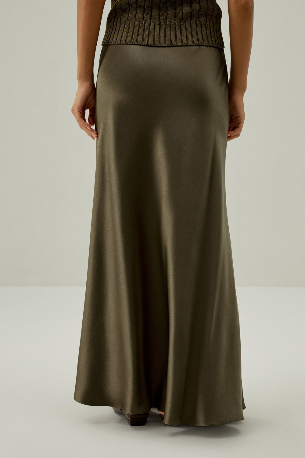 Olive Satin Bias Maxi Skirt - front