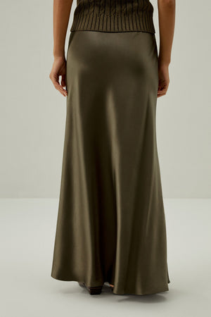 Olive Satin Bias Maxi Skirt - back