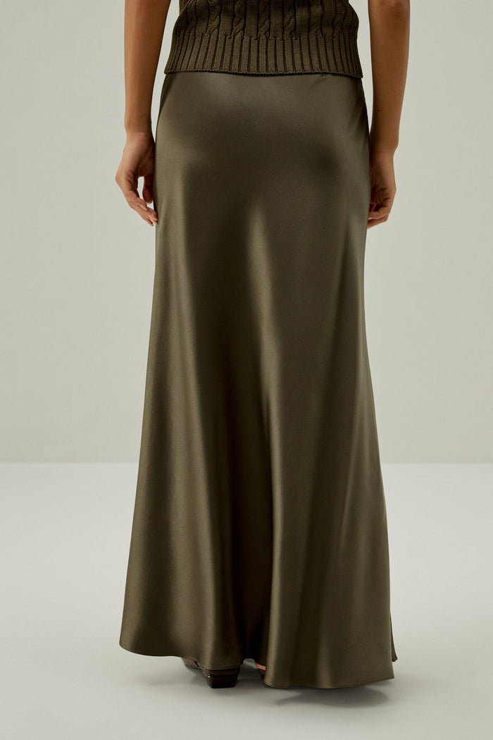 Olive Satin Bias Maxi Skirt - back