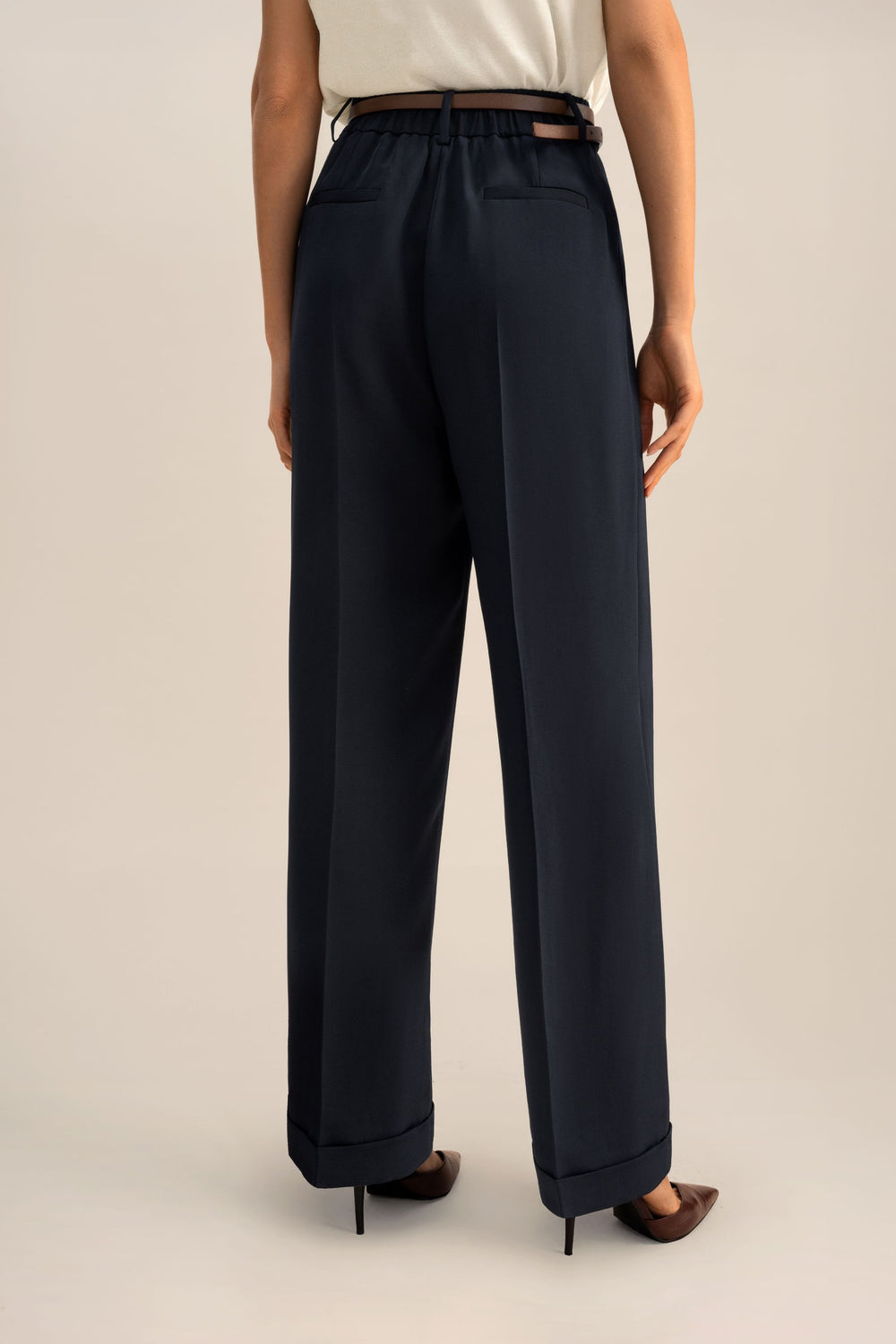 Navy Pleated Cuffed Trousers - front
