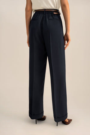 Navy Pleated Cuffed Trousers - back