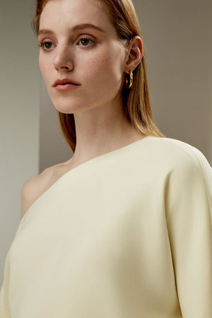Cream One-Shoulder Draped Dress - one-shoulder neckline detail
