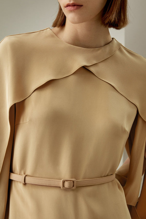 Camel Cape-Sleeve Belted Dress - cape and belt detail