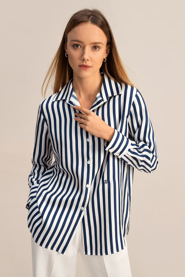 Navy Stripe Silk Shirt - worn open