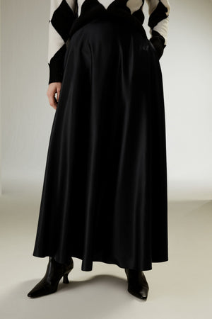 Black Satin A-Line Maxi Skirt - styled with a knit