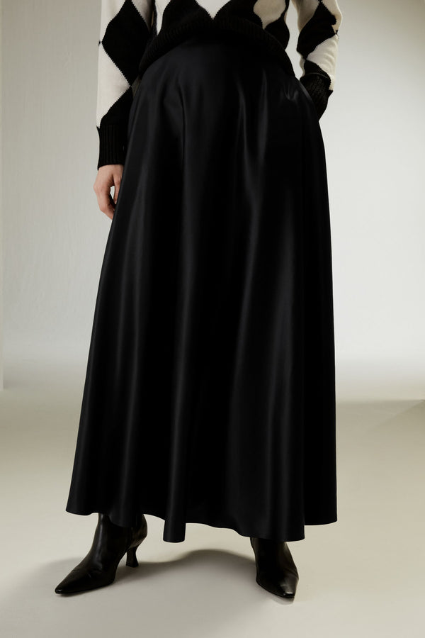 Black Satin A-Line Maxi Skirt - styled with a knit